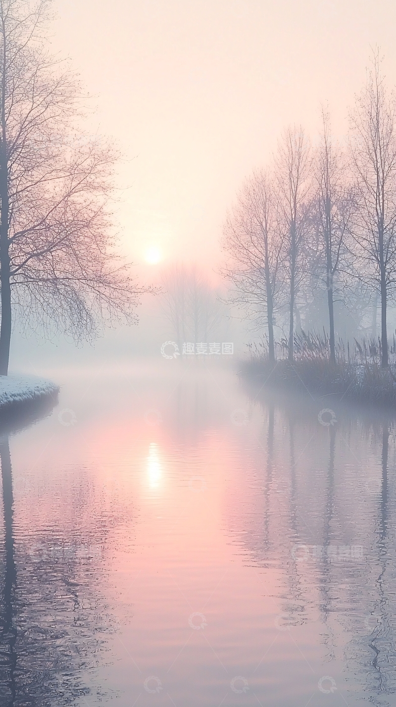 高清大图下载【趣麦麦图】冬日清晨雾气朦胧的湖景