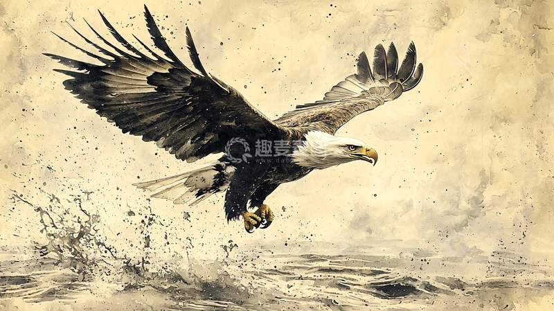 高清大图下载【趣麦麦图】雄鹰抓鱼水彩画