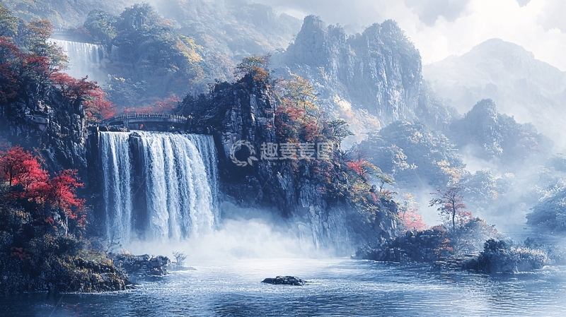 高清大图下载【趣麦麦图】仙境瀑布山峦景色