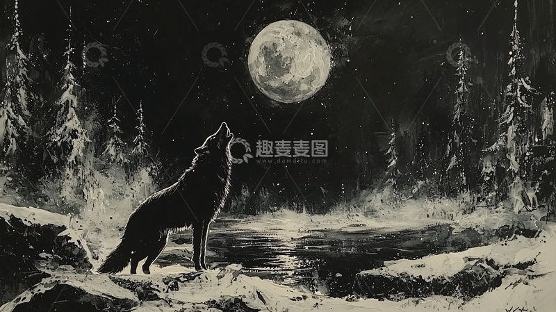 高清大图下载【趣麦麦图】黑夜里狼嚎月