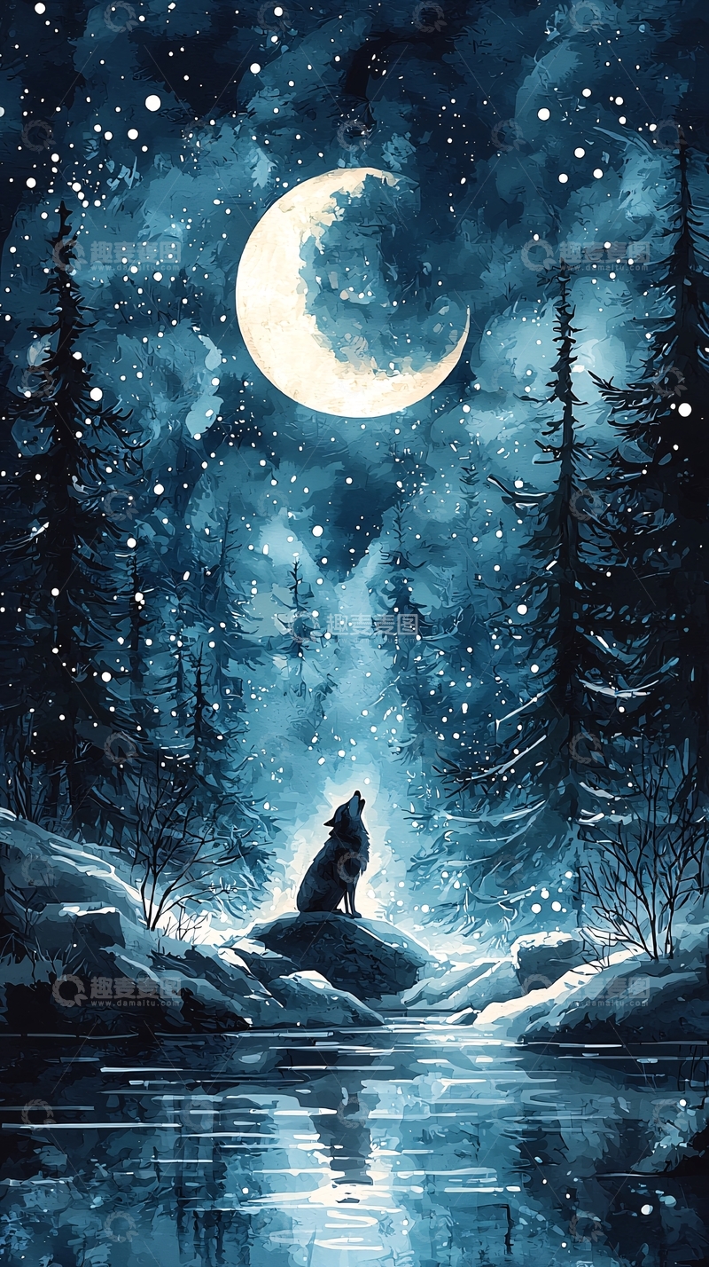 高清大图下载【趣麦麦图】夜晚森林狼嚎月