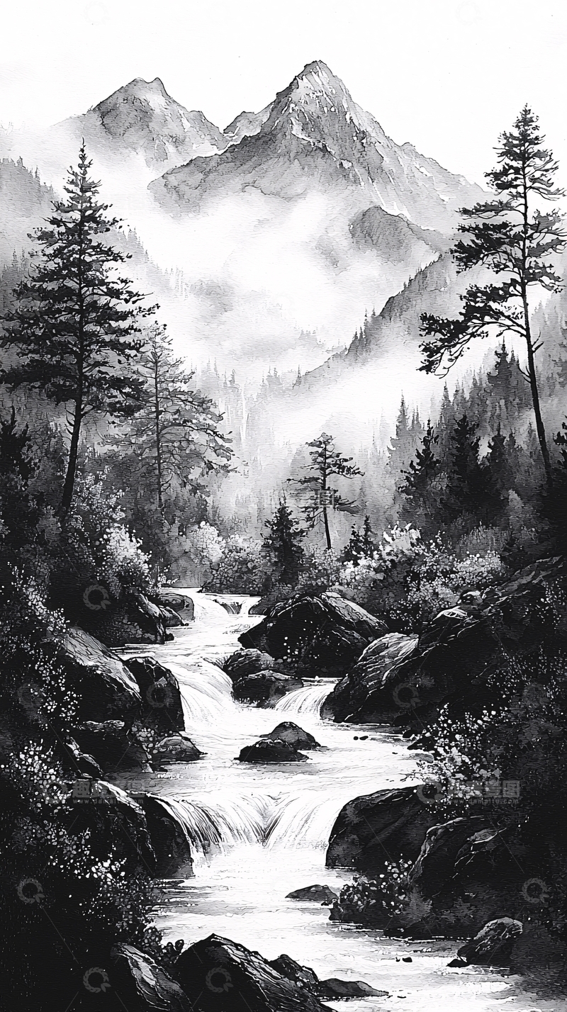 高清大图下载【趣麦麦图】黑白山水画