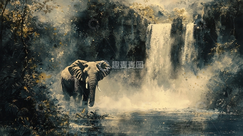 高清大图下载【趣麦麦图】瀑布旁的大象