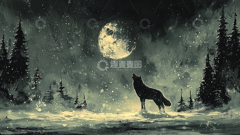 高清大图下载【趣麦麦图】雪夜孤狼