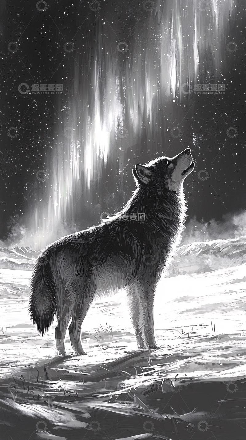 高清大图下载【趣麦麦图】黑夜星空下仰望极光的狼