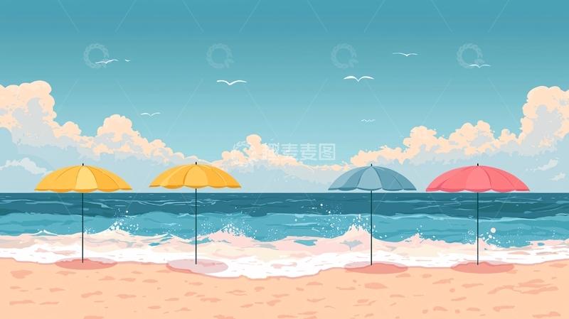 高清大图下载【趣麦麦图】沙滩海边风景插画