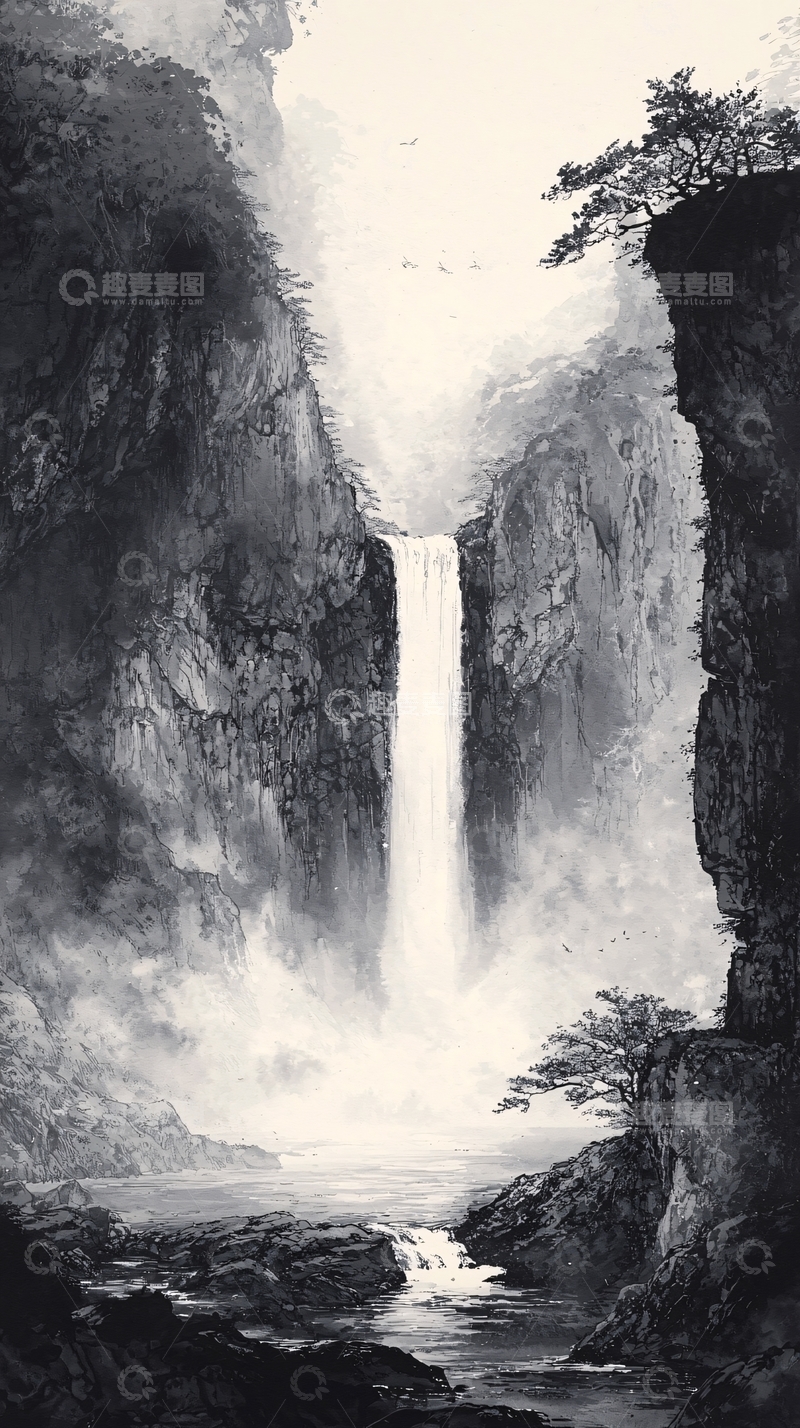 高清大图下载【趣麦麦图】山间瀑布水墨画