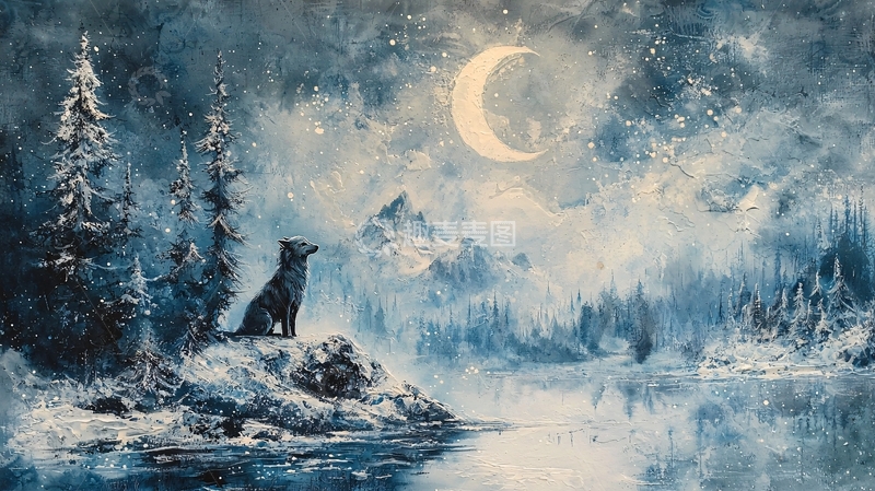 高清大图下载【趣麦麦图】月夜孤狼雪山图