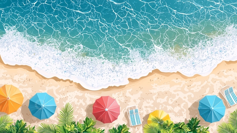 高清大图下载【趣麦麦图】俯瞰沙滩海浪彩色遮阳伞