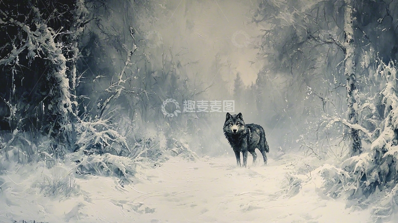 高清大图下载【趣麦麦图】雪地里的孤独黑狼