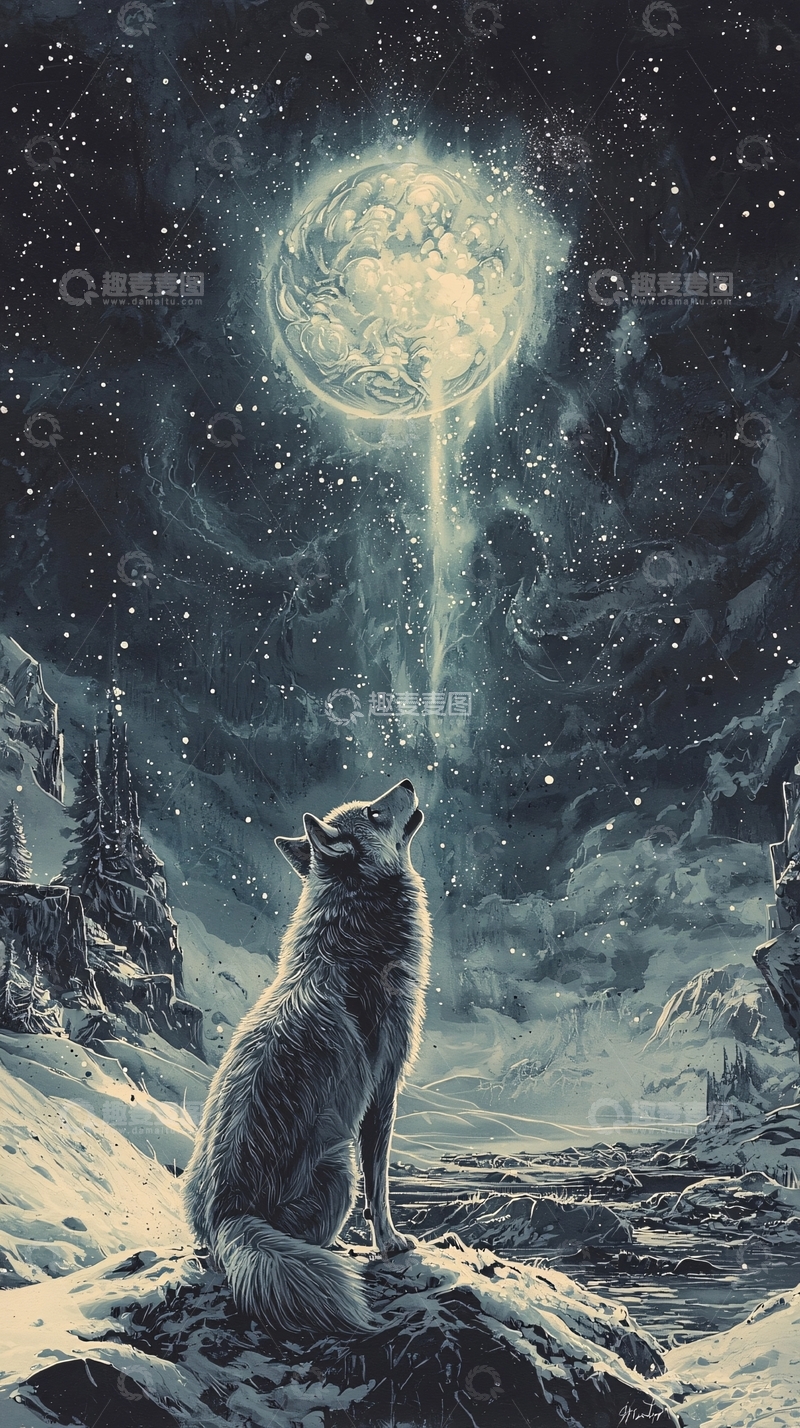 高清大图下载【趣麦麦图】月光下的狼