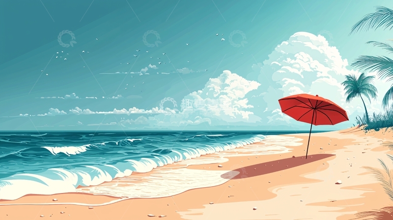 高清大图下载【趣麦麦图】海边一把红伞