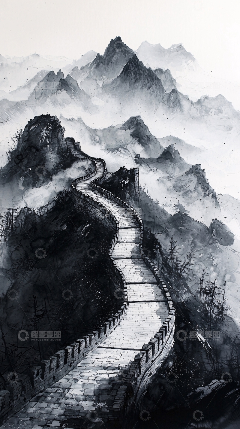 高清大图下载【趣麦麦图】水墨长城