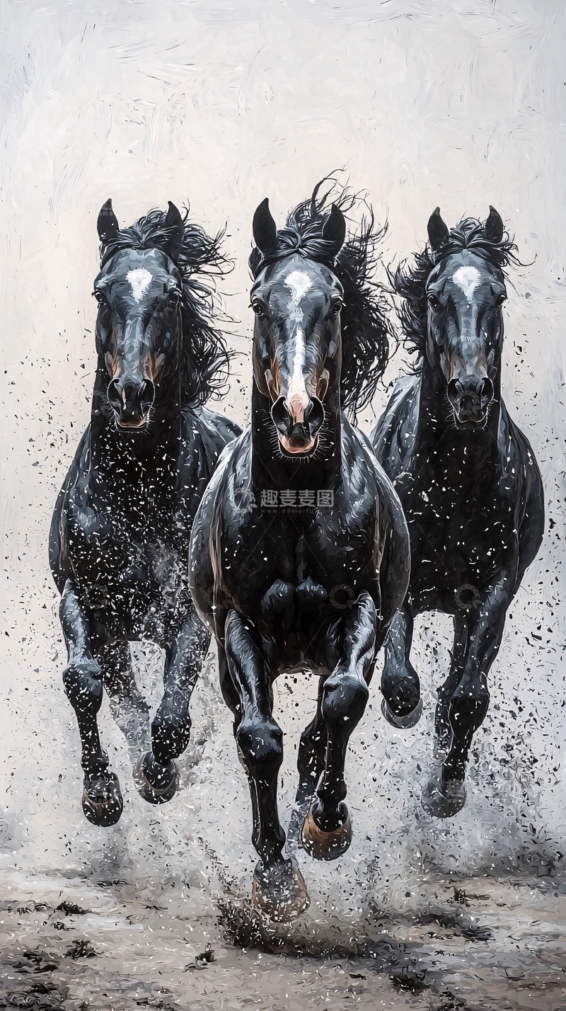 高清大图下载【趣麦麦图】奔腾的三匹黑马