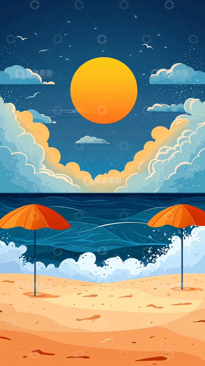 高清大图下载【趣麦麦图】海边日落卡通插画