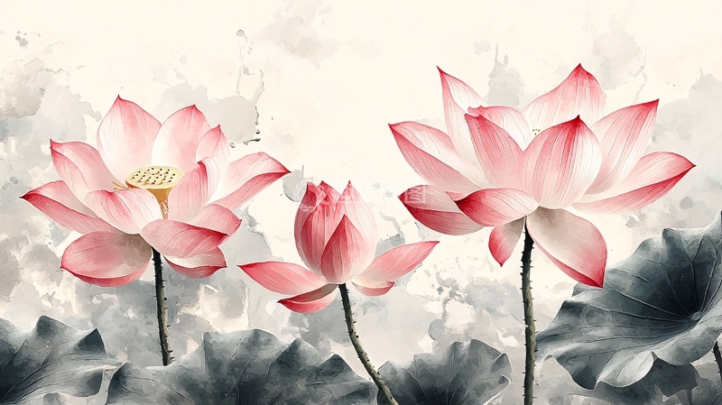 高清大图下载【趣麦麦图】粉红莲花水墨画
