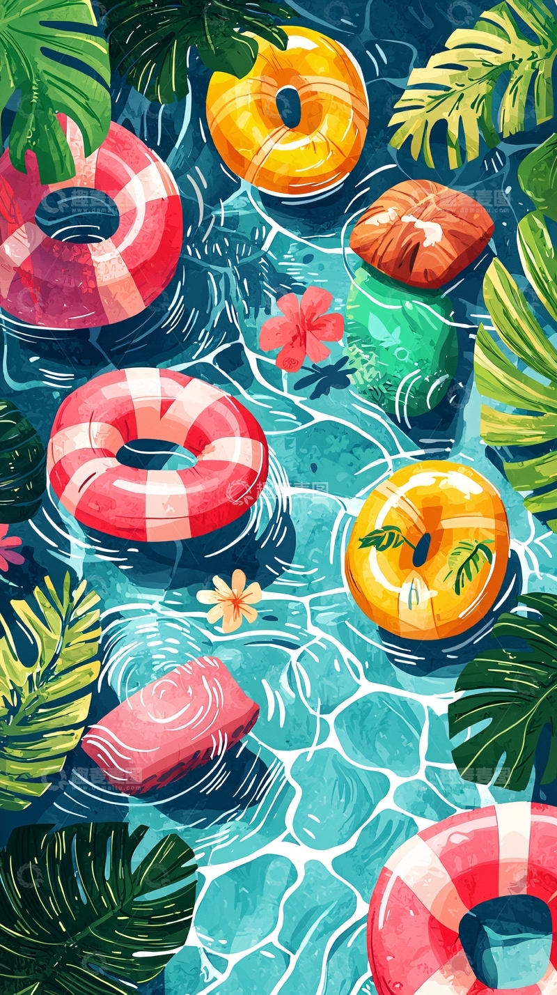高清大图下载【趣麦麦图】夏日泳池漂浮圈插画