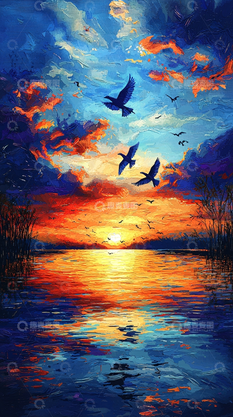 高清大图下载【趣麦麦图】夕阳西下湖面飞鸟