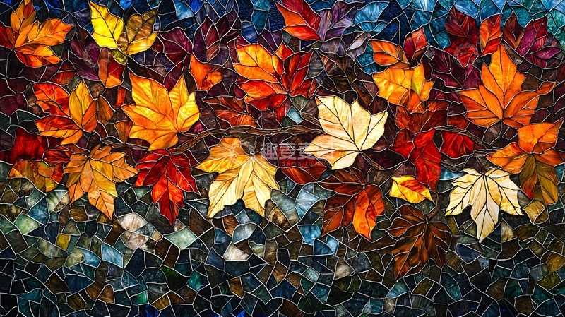 高清大图下载【趣麦麦图】秋叶马赛克玻璃画