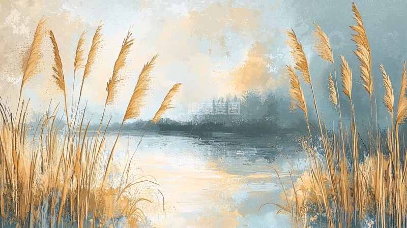 高清大图下载【趣麦麦图】芦苇荡湖边风景画