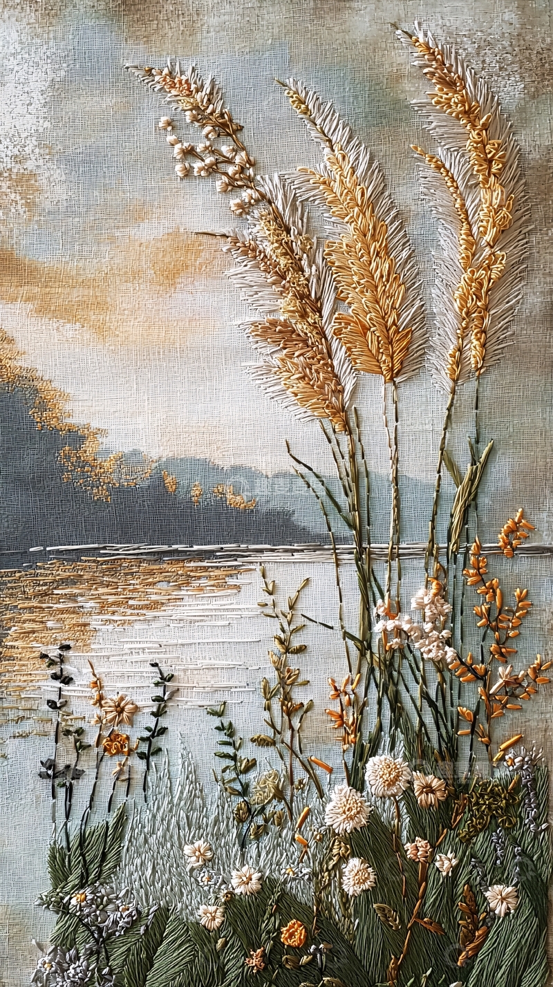 高清大图下载【趣麦麦图】湖边芦苇夕阳风景画