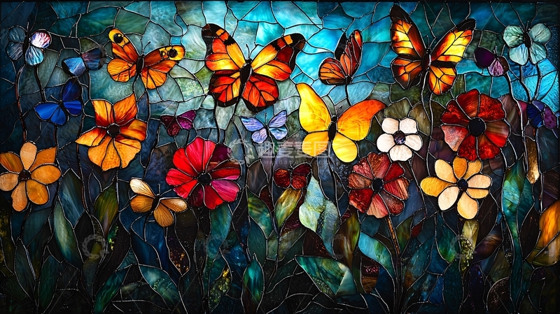 高清大图下载【趣麦麦图】马赛克蝴蝶花卉艺术画