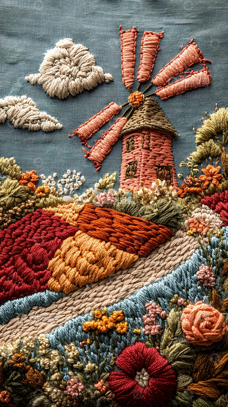 高清大图下载【趣麦麦图】刺绣风车田园风景