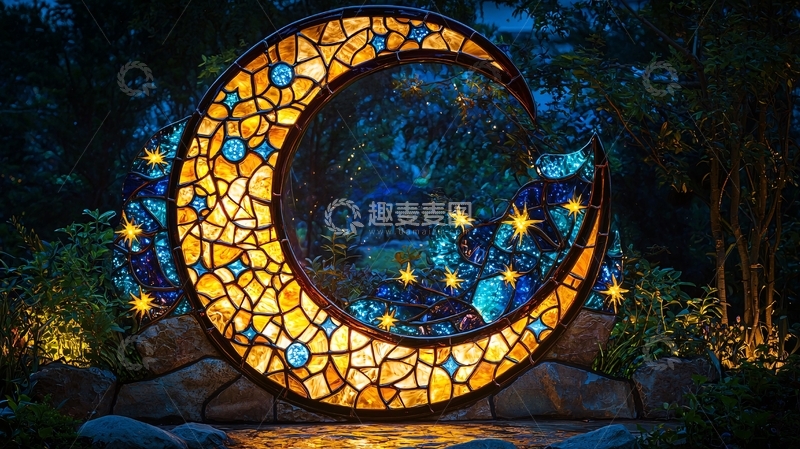 高清大图下载【趣麦麦图】夜色中的彩色玻璃月亮