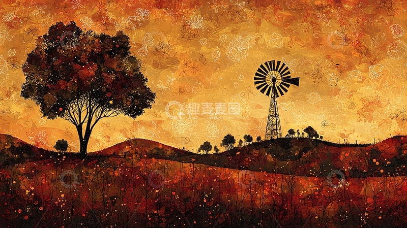 高清大图下载【趣麦麦图】日落乡村风车风景画
