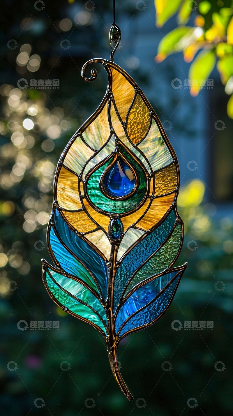 高清大图下载【趣麦麦图】彩色玻璃孔雀羽毛挂饰