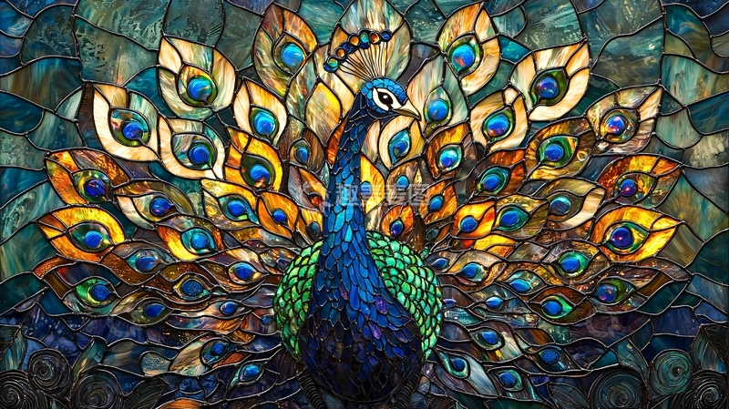 高清大图下载【趣麦麦图】彩色玻璃窗花孔雀