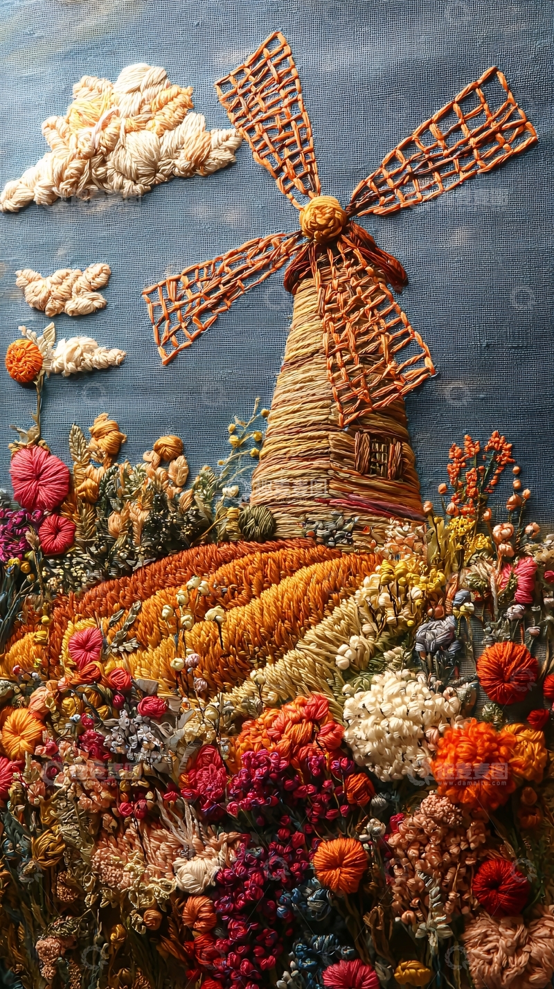 高清大图下载【趣麦麦图】刺绣风车田园风景画