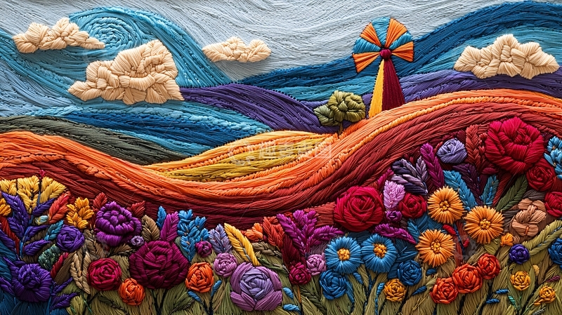 高清大图下载【趣麦麦图】彩色线绣风景画