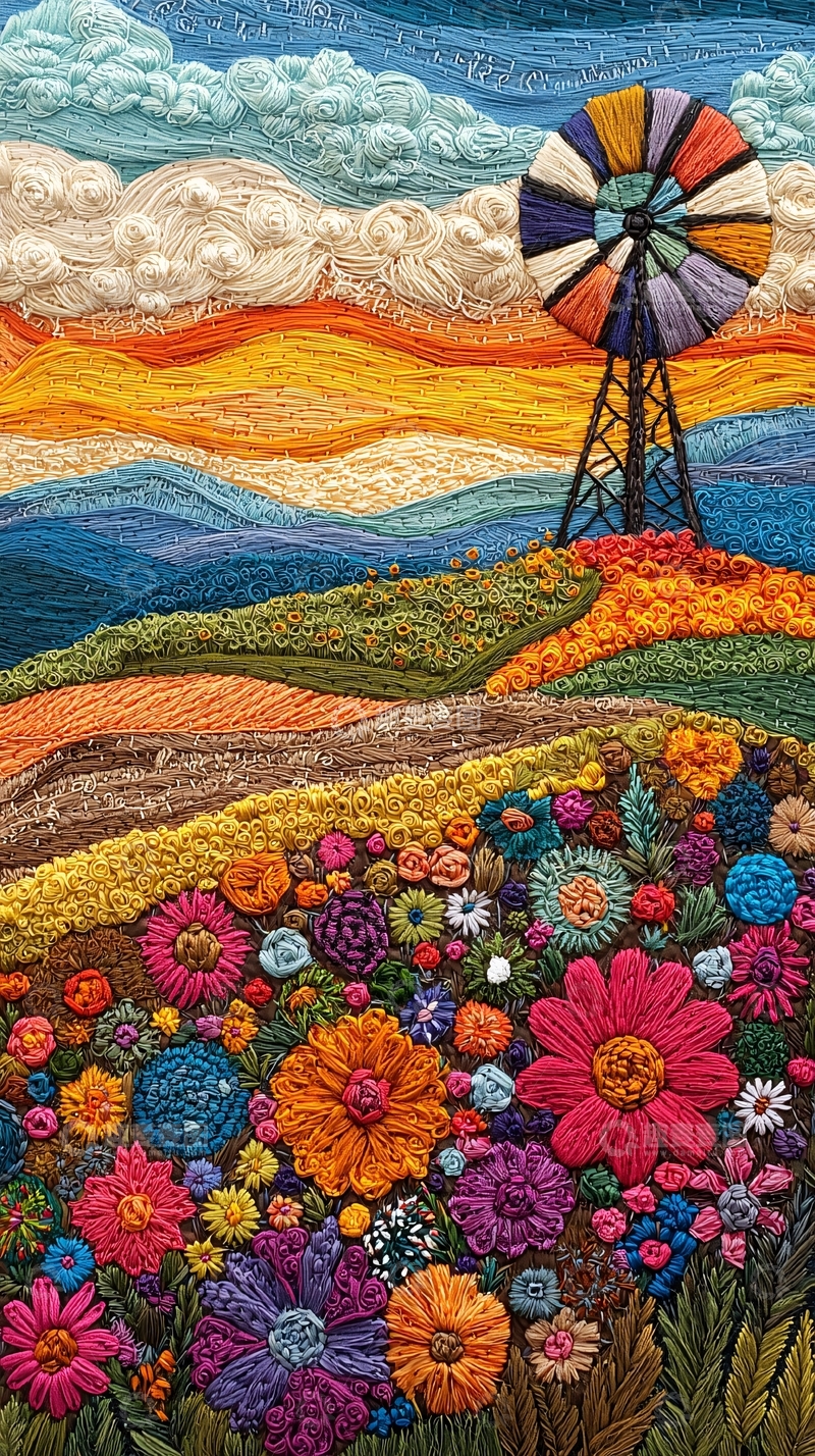 高清大图下载【趣麦麦图】彩色线绣风景画