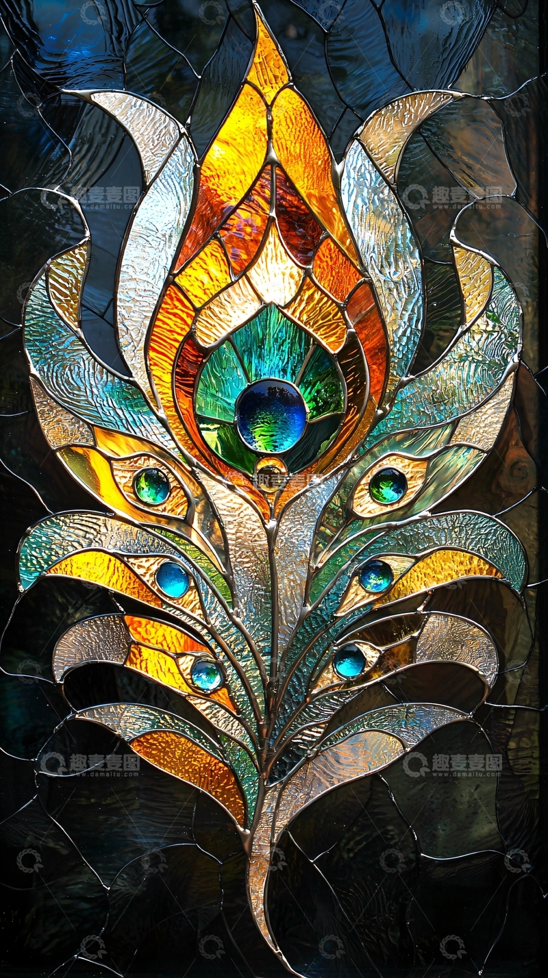 高清大图下载【趣麦麦图】彩色玻璃孔雀羽毛