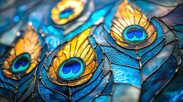 蓝金色孔雀羽毛玻璃窗花