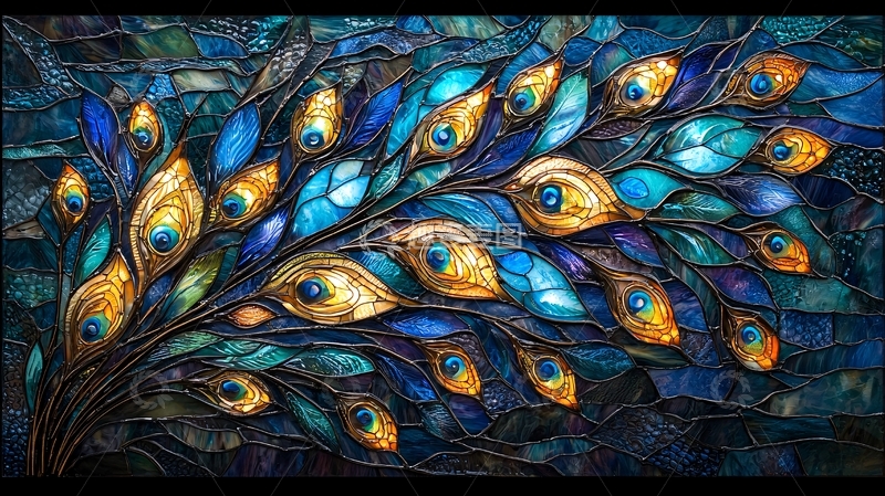 高清大图下载【趣麦麦图】蓝绿色调孔雀羽毛马赛克