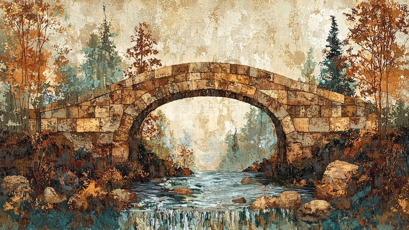 高清大图下载【趣麦麦图】秋日森林石拱桥风景画