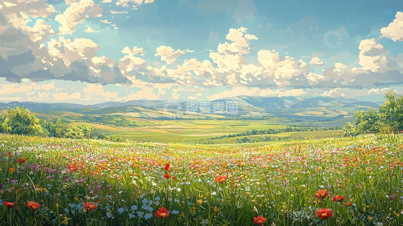 高清大图下载【趣麦麦图】阳光明媚的花海田园