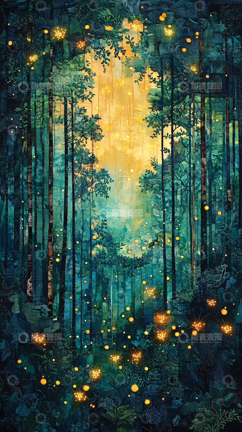 高清大图下载【趣麦麦图】萤火虫森林梦幻图
