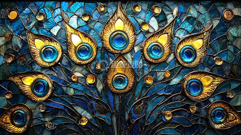 高清大图下载【趣麦麦图】蓝金色孔雀羽毛马赛克玻璃窗
