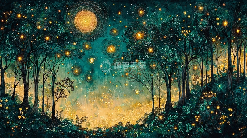 高清大图下载【趣麦麦图】萤火虫森林夜景