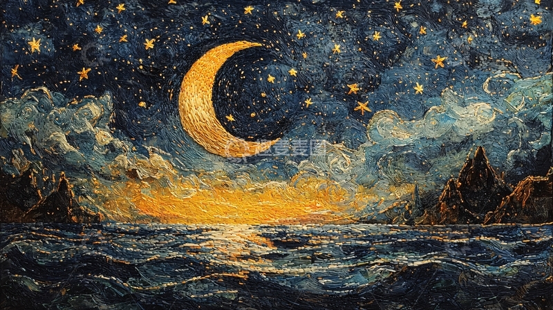 高清大图下载【趣麦麦图】金色弯月星空海景