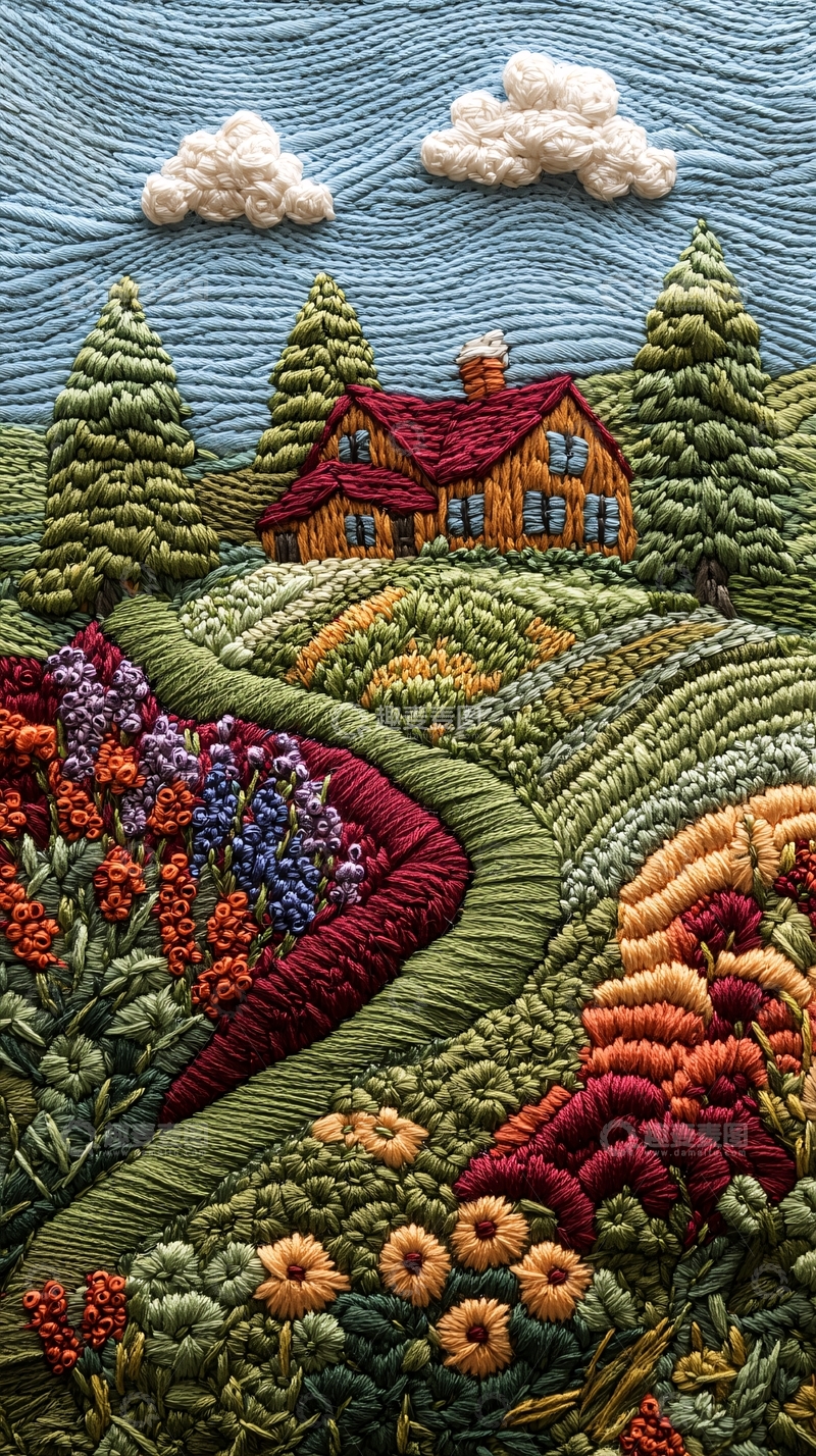 高清大图下载【趣麦麦图】乡间小屋绣花图