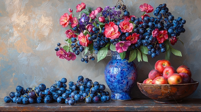 高清大图下载【趣麦麦图】静物花卉水果蓝花瓶