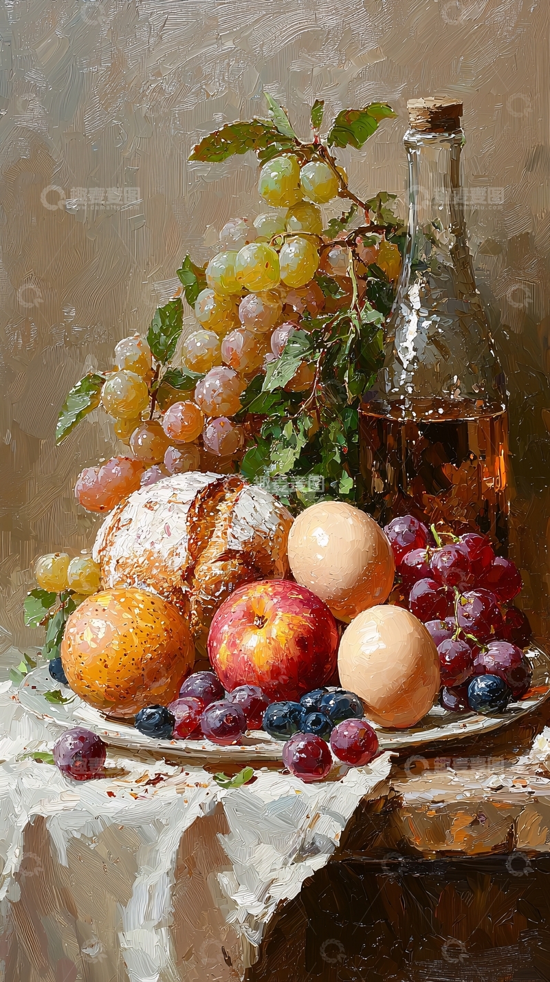 高清大图下载【趣麦麦图】静物油画水果面包酒