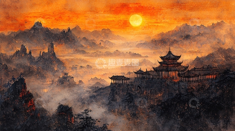 高清大图下载【趣麦麦图】日落山水画