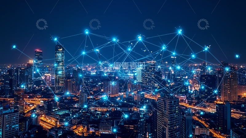 高清大图下载【趣麦麦图】夜幕下的智慧城市网络图