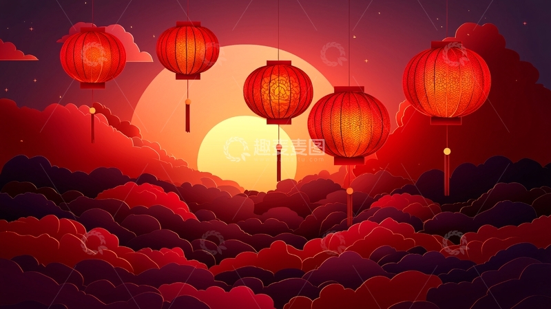 高清大图下载【趣麦麦图】红灯笼日落剪纸风