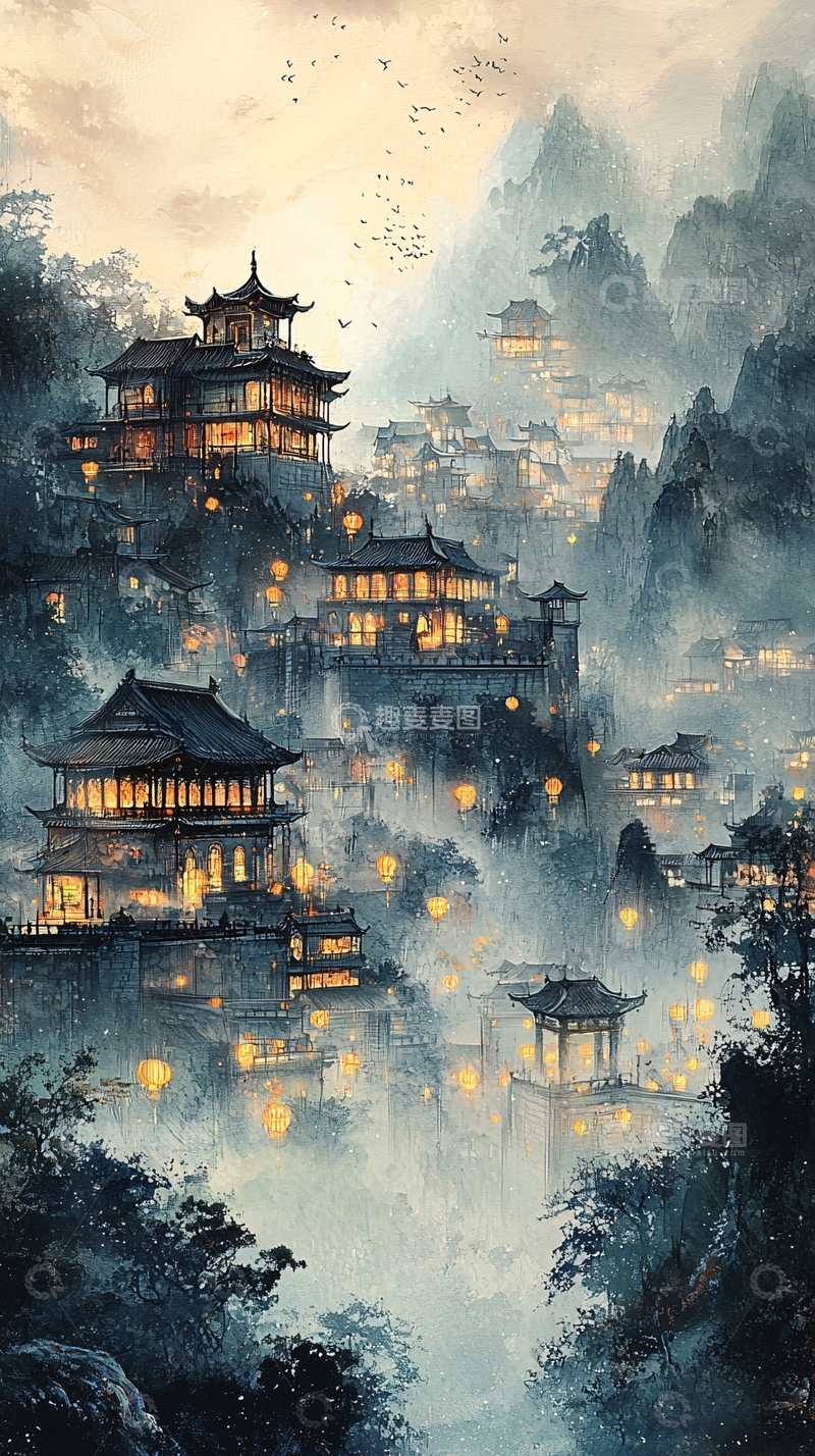高清大图下载【趣麦麦图】山间古镇夜景图